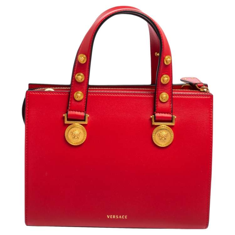 Pre Owned Versace Red Leather Tribute Medusa Studded Zip Tote