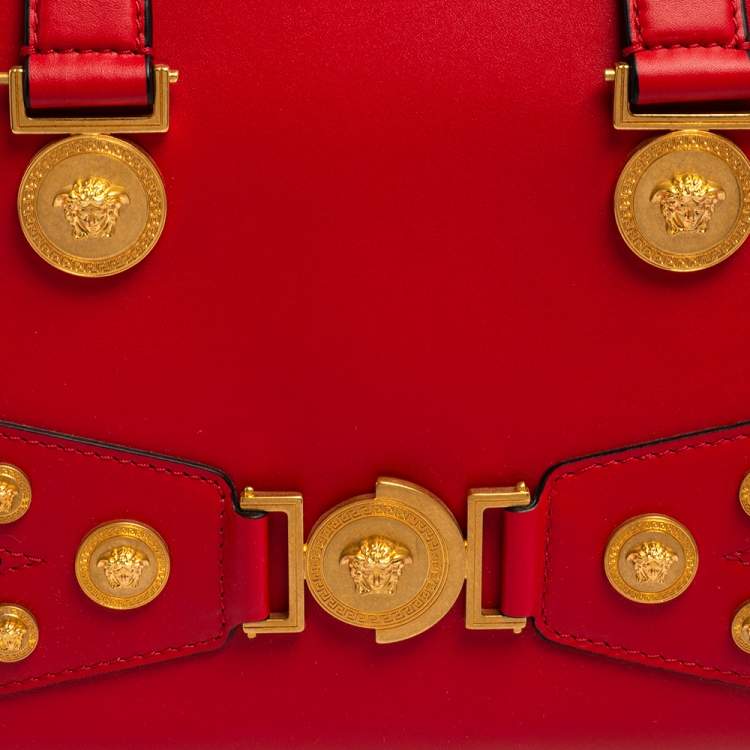 Pre Owned Versace Red Leather Tribute Medusa Studded Zip Tote
