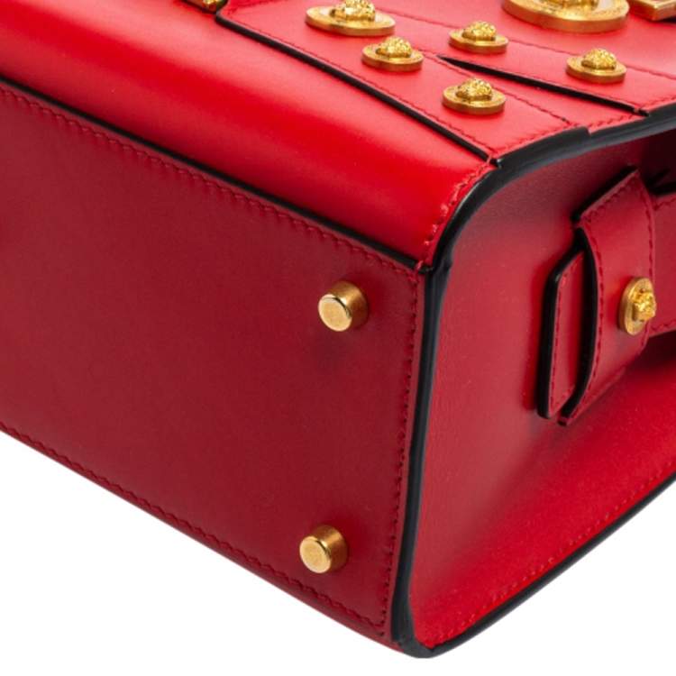 Pre Owned Versace Red Leather Tribute Medusa Studded Zip Tote