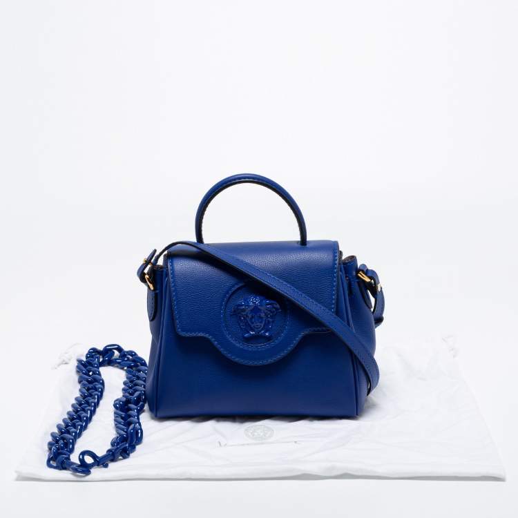 Pre Owned Versace Blue Leather La Medusa Top Handle Bag