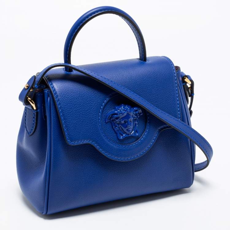 Pre Owned Versace Blue Leather La Medusa Top Handle Bag