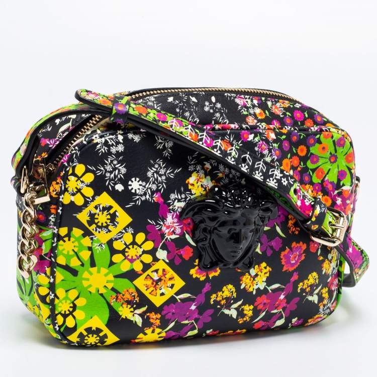 Pre Owned Versace Black Leather Floral Palazzo Crossbody Bag