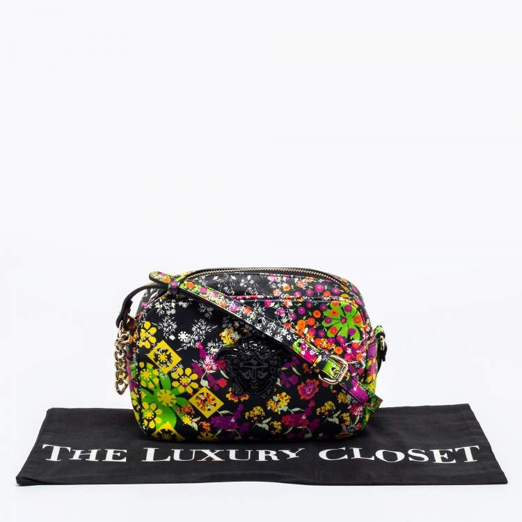 Pre Owned Versace Black Leather Floral Palazzo Crossbody Bag