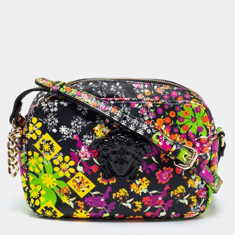 Pre Owned Versace Black Leather Floral Palazzo Crossbody Bag