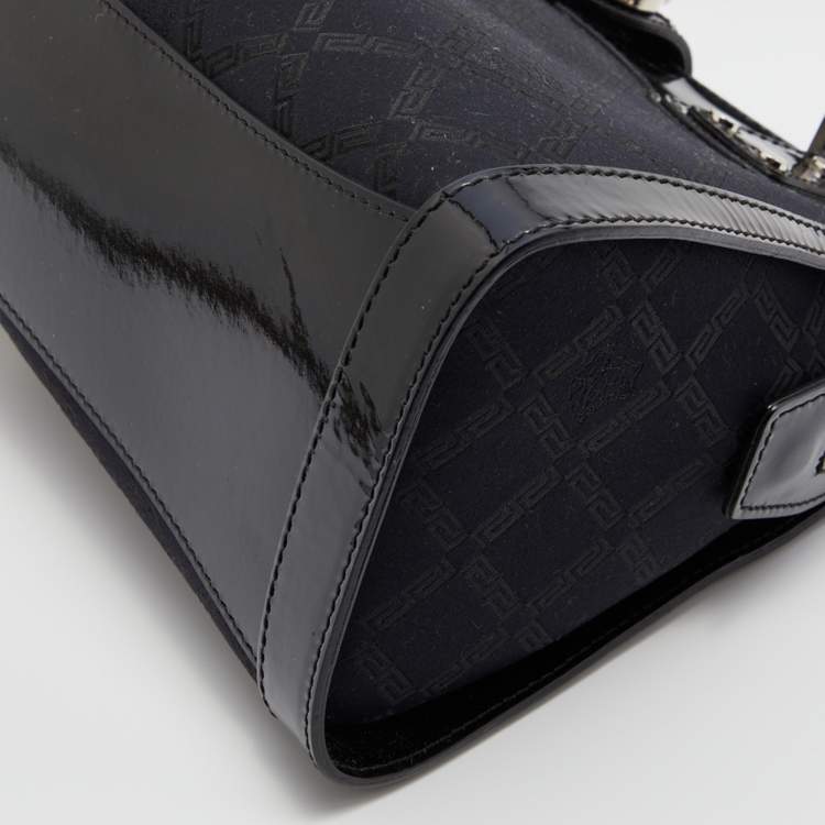 Pre Owned Versace Black Monogram Nylon and Patent Leather Medusa Frame Satchel