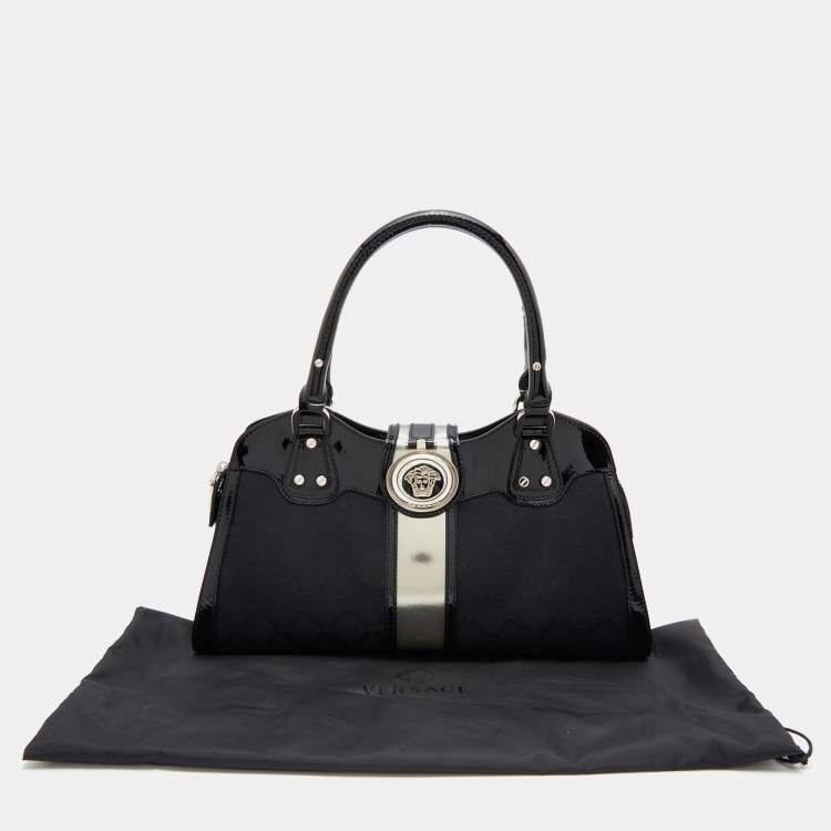 Pre Owned Versace Black Monogram Nylon and Patent Leather Medusa Frame Satchel