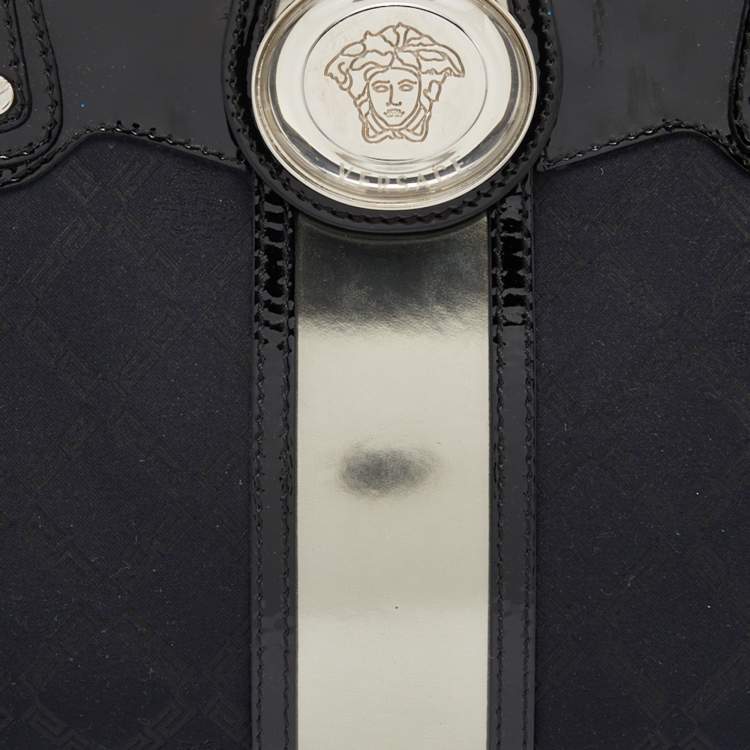 Pre Owned Versace Black Monogram Nylon and Patent Leather Medusa Frame Satchel