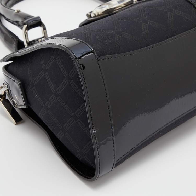Pre Owned Versace Black Monogram Nylon and Patent Leather Medusa Frame Satchel