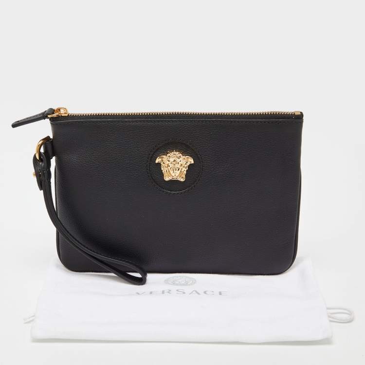 Pre Owned Versace Black Leather La Medusa Wristlet Clutch