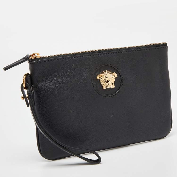 Pre Owned Versace Black Leather La Medusa Wristlet Clutch