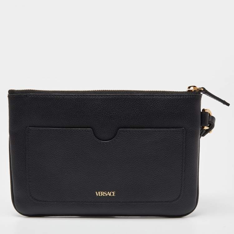 Pre Owned Versace Black Leather La Medusa Wristlet Clutch