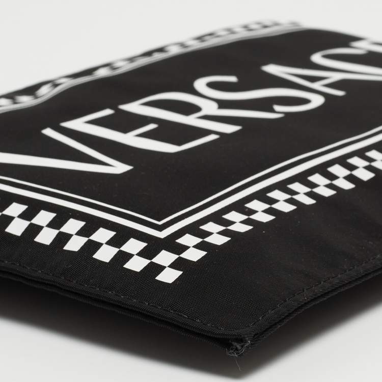 Pre Owned Versace Black/White Nylon Logo Slim Wristlet Pouch