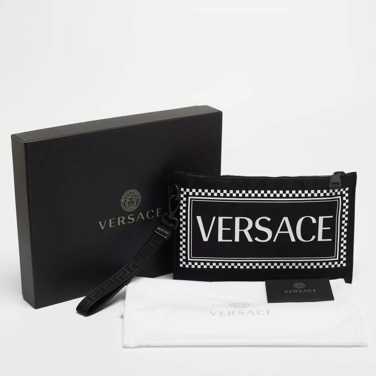 Pre Owned Versace Black/White Nylon Logo Slim Wristlet Pouch