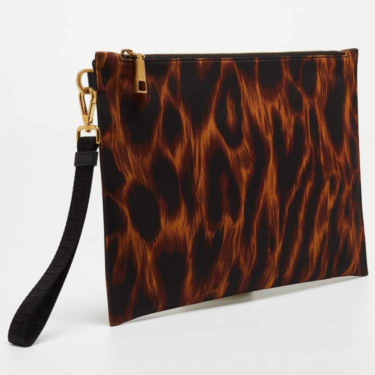 Pre Owned Versace Brown/Black Leopard Print Nylon Zip Wristlet Pouch
