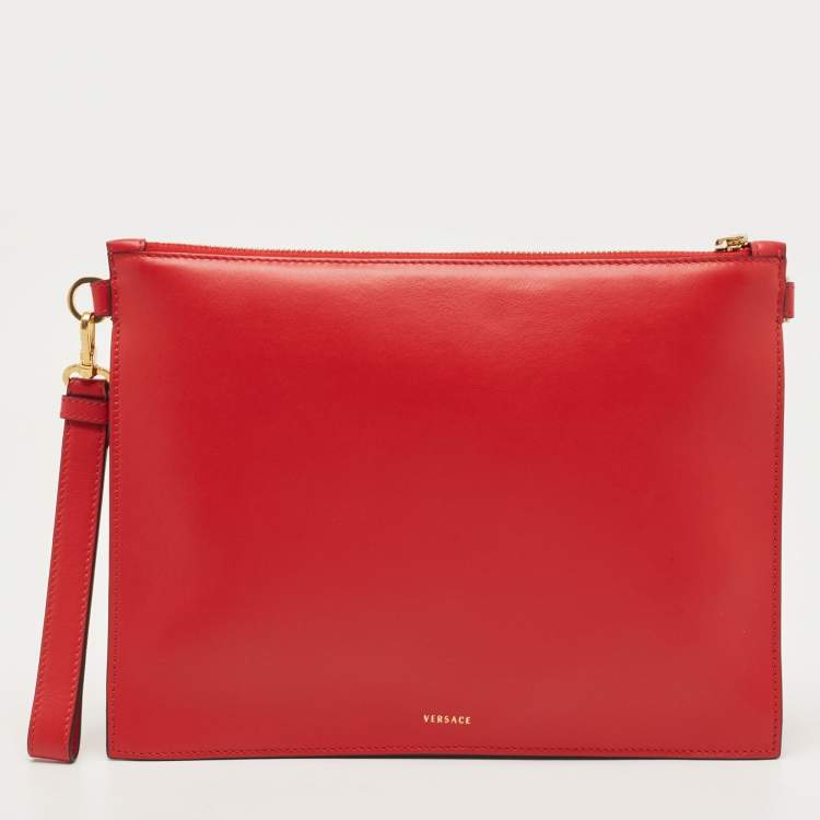 Pre Owned Versace Red Leather Medusa Zip Wristlet Pouch