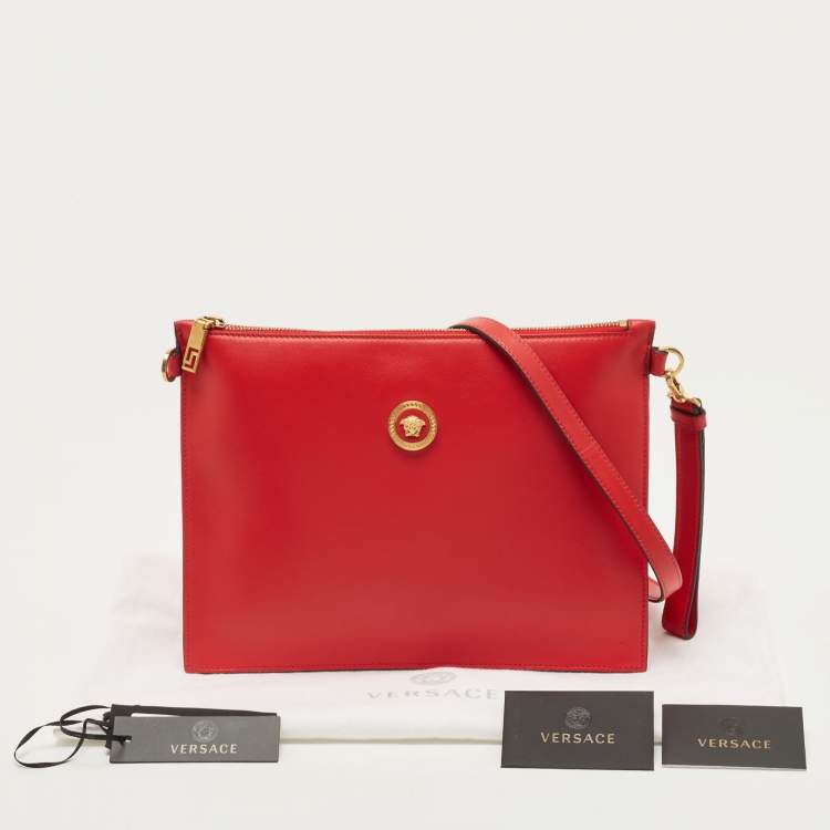 Pre Owned Versace Red Leather Medusa Zip Wristlet Pouch