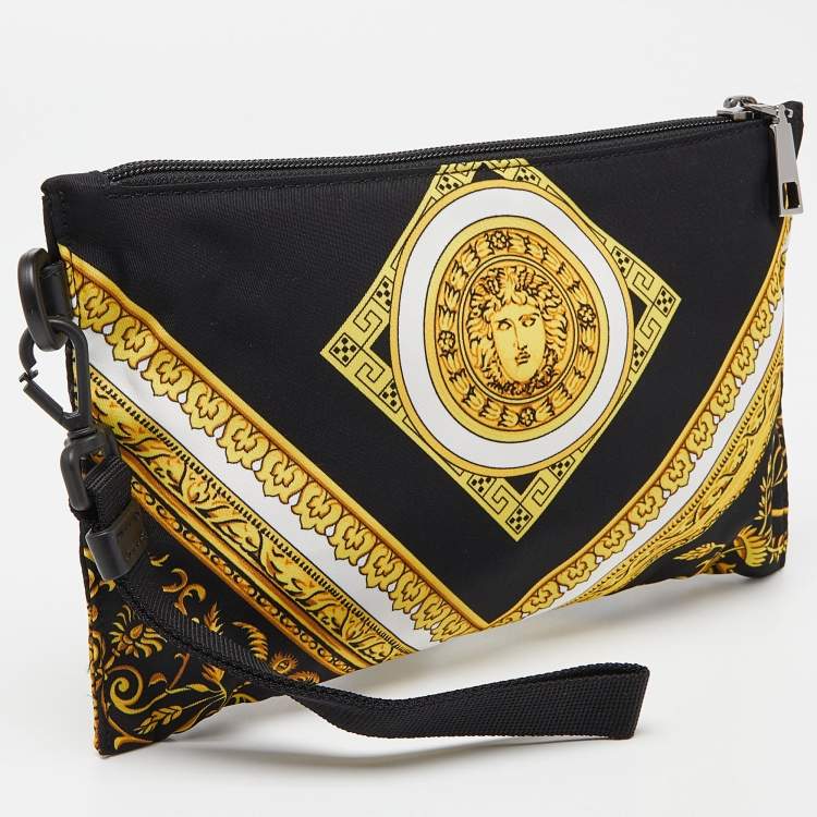 Pre Owned Versace Black/Gold Baroque Medusa Print Nylon Wristlet Pouch