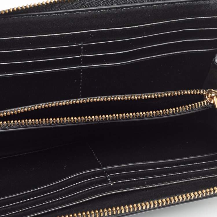 Pre Owned Versace Black Leather Logo Zip Around Continental Wallet