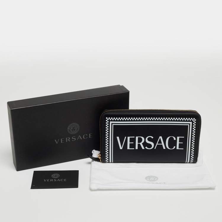 Pre Owned Versace Black Leather Logo Zip Around Continental Wallet