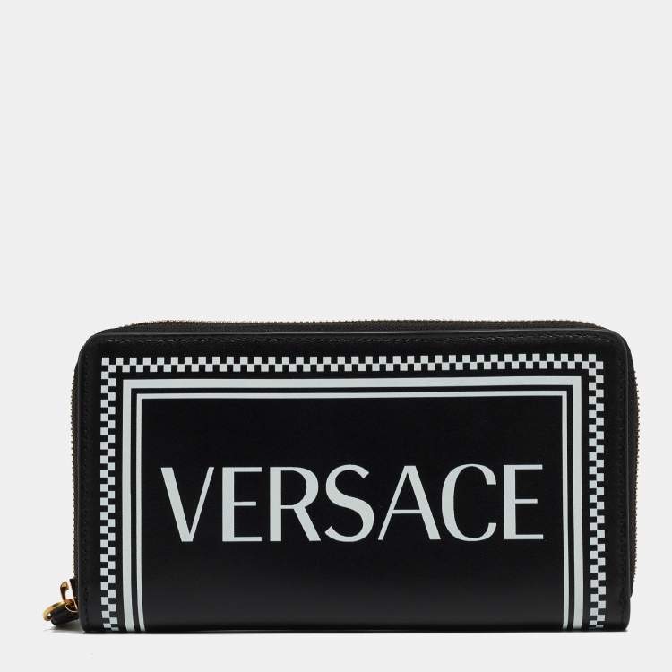 Pre Owned Versace Black Leather Logo Zip Around Continental Wallet