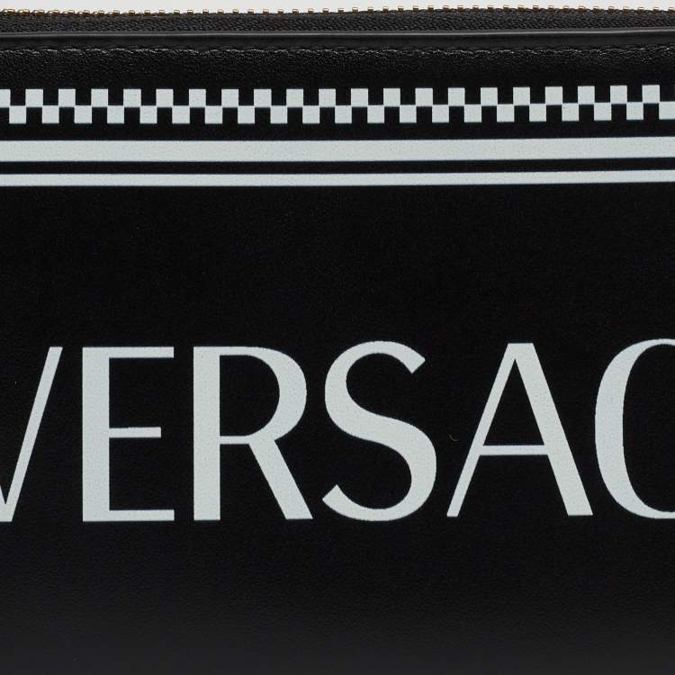 Pre Owned Versace Black Leather Logo Zip Around Continental Wallet