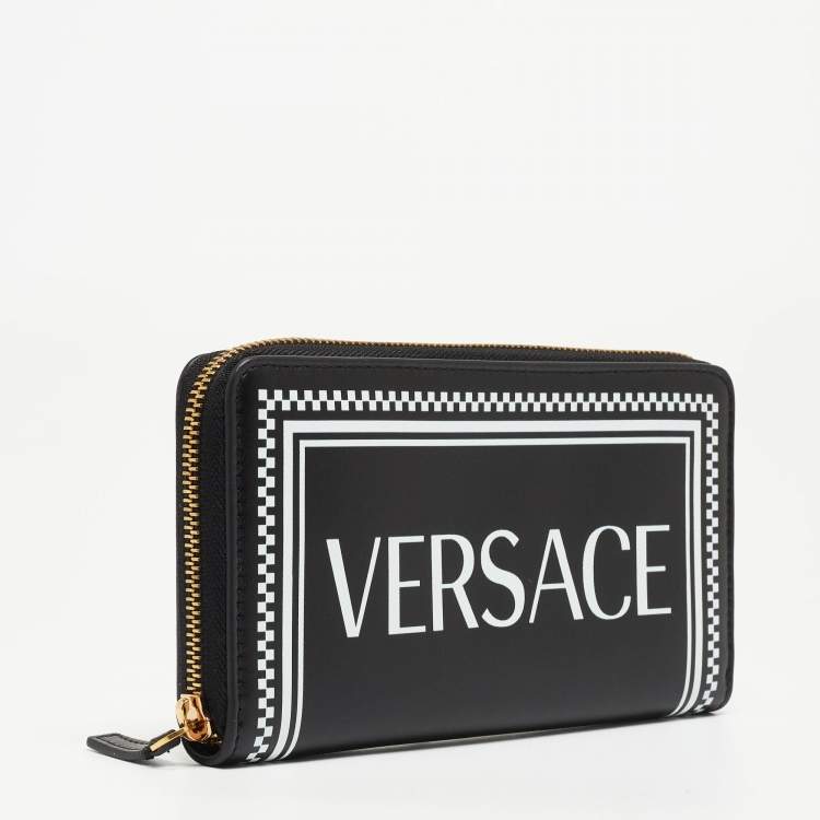 Pre Owned Versace Black Leather Logo Zip Around Continental Wallet