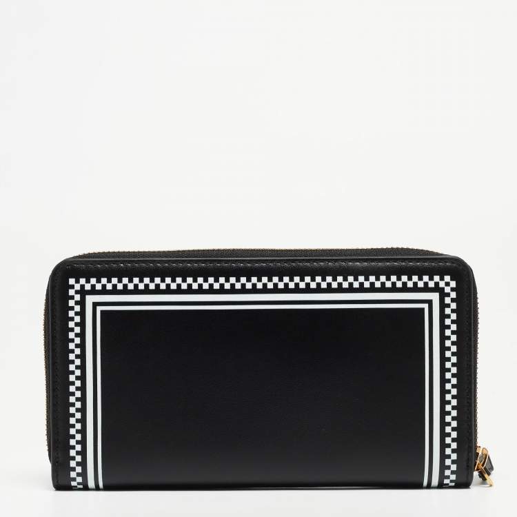 Pre Owned Versace Black Leather Logo Zip Around Continental Wallet