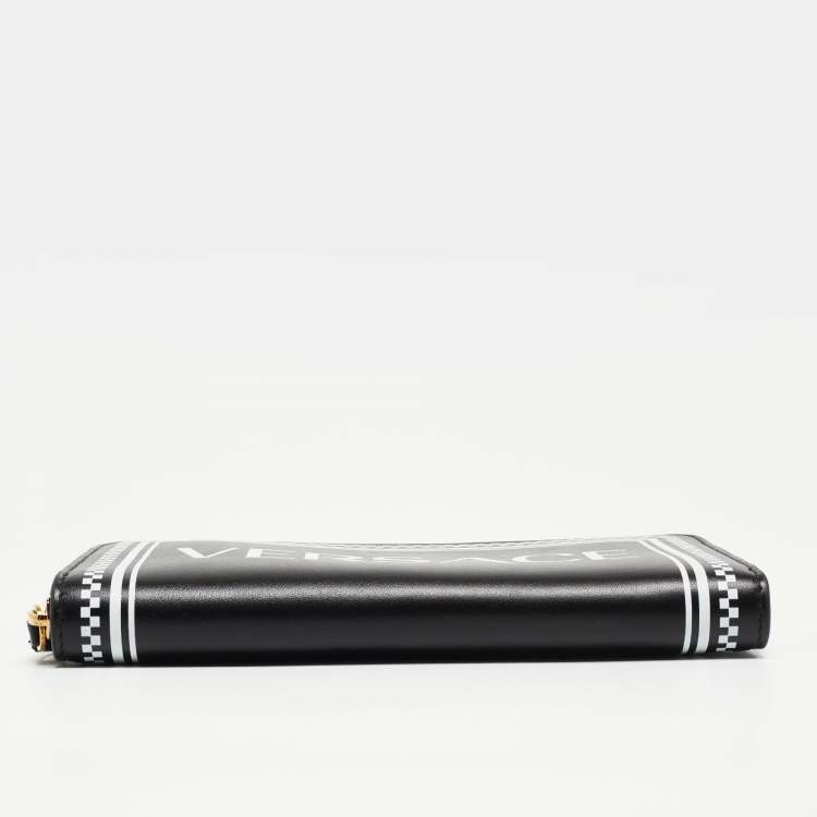 Pre Owned Versace Black Leather Logo Zip Around Continental Wallet
