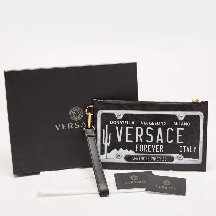 Pre Owned Versace Black Leather Number Plate Wristlet Pouch