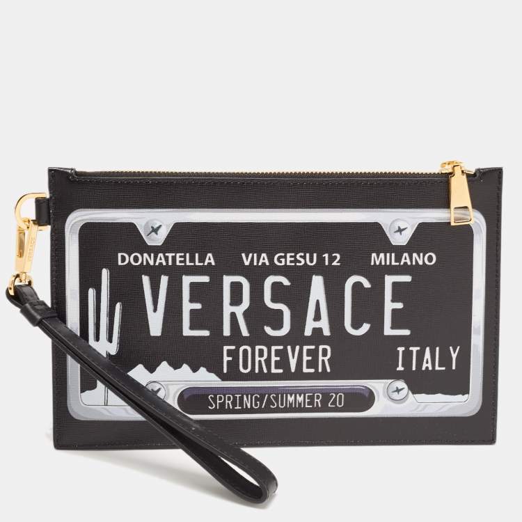 Pre Owned Versace Black Leather Number Plate Wristlet Pouch