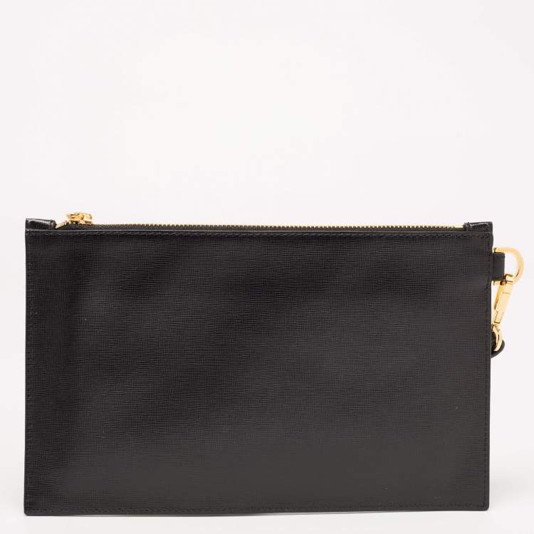 Pre Owned Versace Black Leather Number Plate Wristlet Pouch