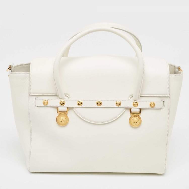 Pre Owned Versace White Leather Large Medusa Medallion Tote