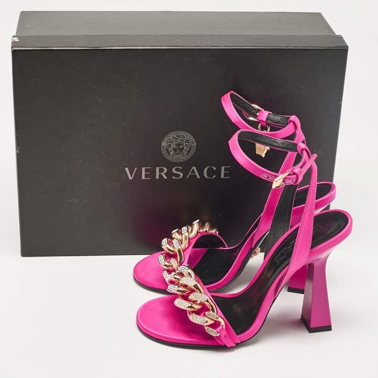 Pre Owned Versace Pink Satin Medusa Chain Ankle Strap Sandals Size 36