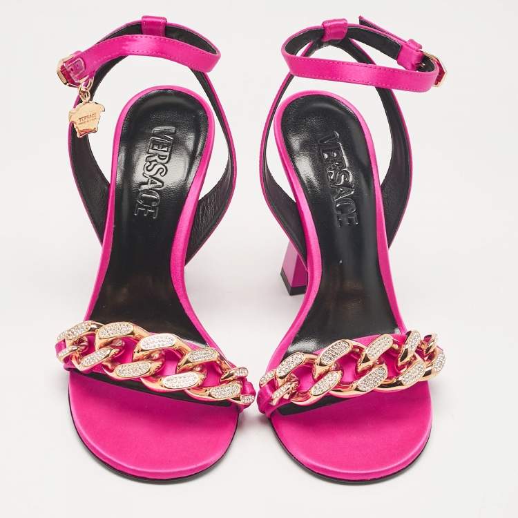 Pre Owned Versace Pink Satin Medusa Chain Ankle Strap Sandals Size 36
