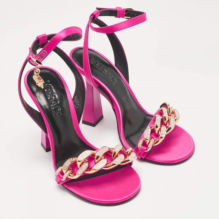 Pre Owned Versace Pink Satin Medusa Chain Ankle Strap Sandals Size 36