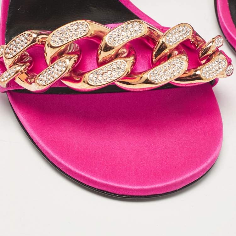 Pre Owned Versace Pink Satin Medusa Chain Ankle Strap Sandals Size 36