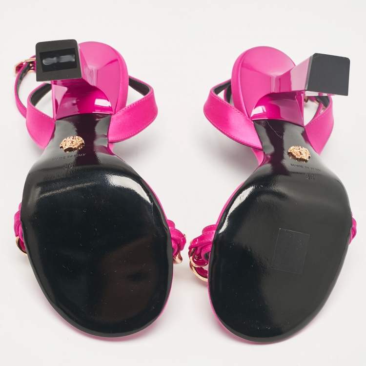Pre Owned Versace Pink Satin Medusa Chain Ankle Strap Sandals Size 36