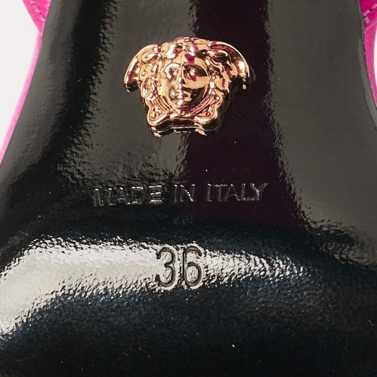 Pre Owned Versace Pink Satin Medusa Chain Ankle Strap Sandals Size 36