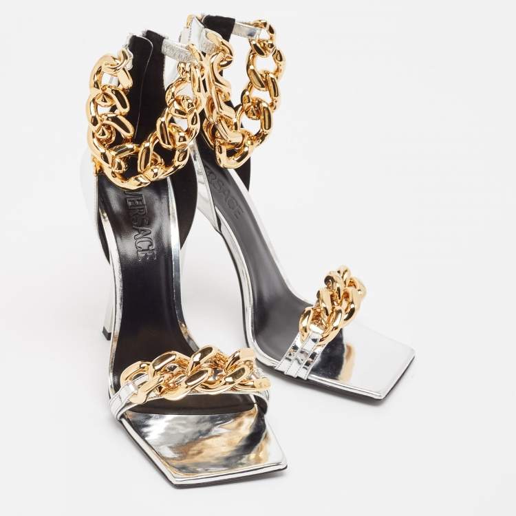 Pre Owned Versace Silver Leather Chain Link Ankle Strap Sandals Size 39