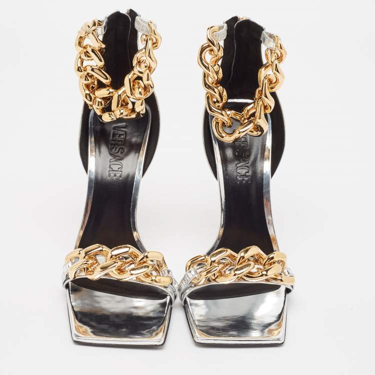 Pre Owned Versace Silver Leather Chain Link Ankle Strap Sandals Size 39