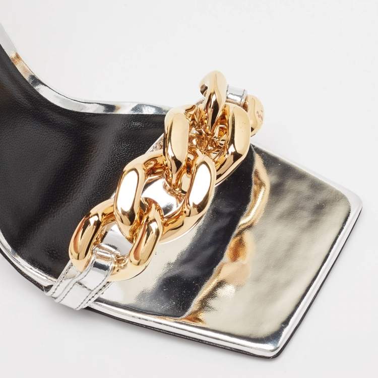 Pre Owned Versace Silver Leather Chain Link Ankle Strap Sandals Size 39