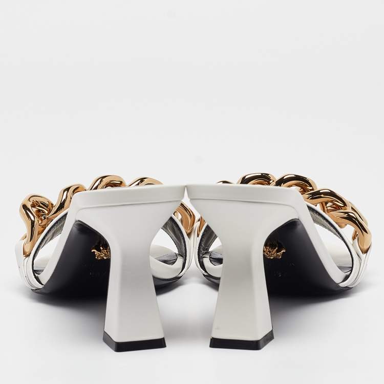 Pre Owned Versace White Leather Medusa Chain Slide Sandals Size 38.5