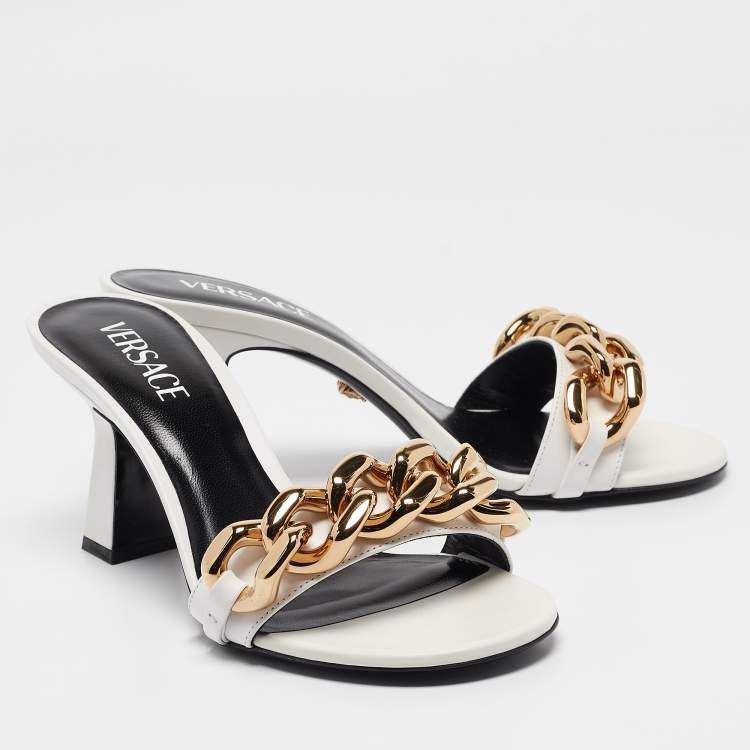 Pre Owned Versace White Leather Medusa Chain Slide Sandals Size 38.5