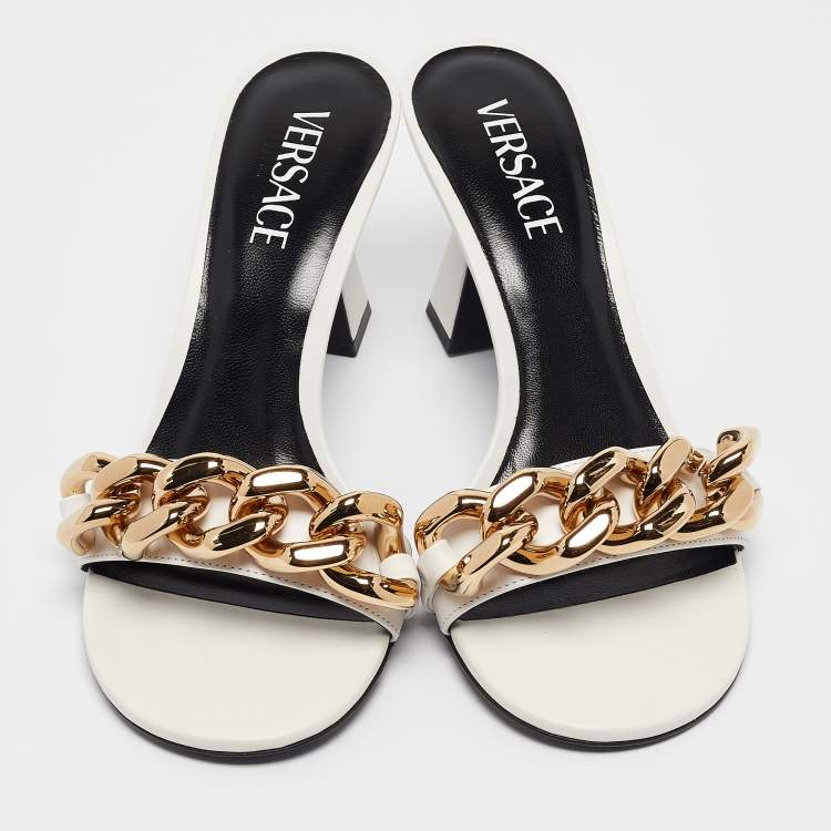 Pre Owned Versace White Leather Medusa Chain Slide Sandals Size 38.5