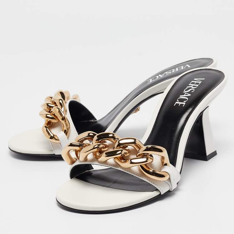 Pre Owned Versace White Leather Medusa Chain Slide Sandals Size 38.5