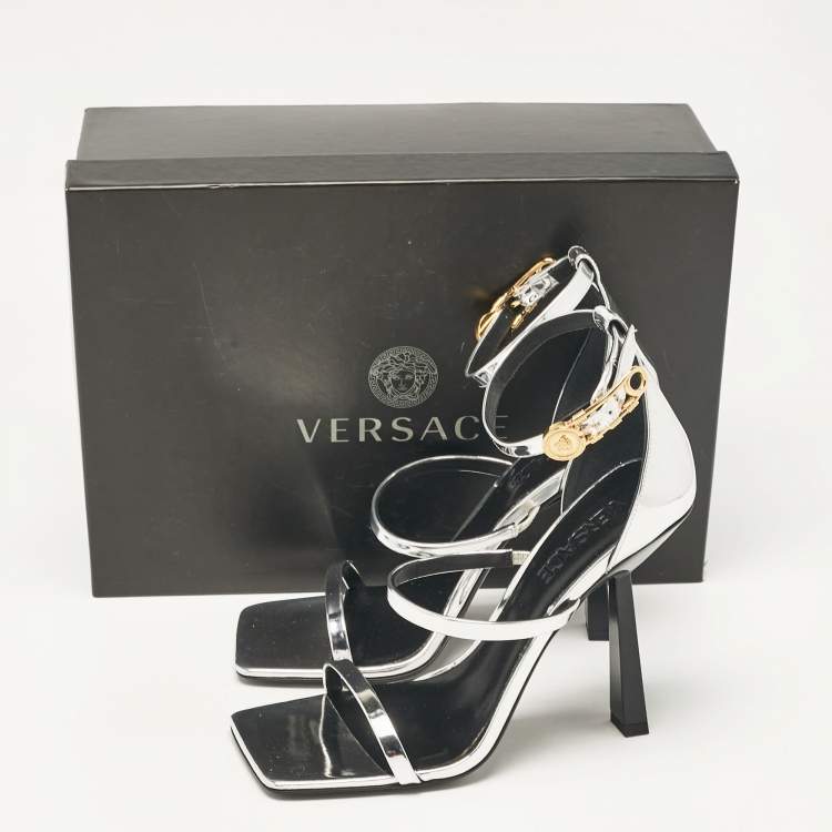 Pre Owned Versace Silver Leather Safety Pin Ankle Strap Sandals Size 39