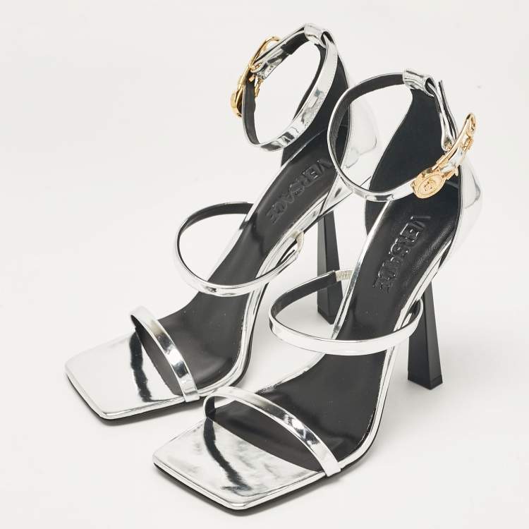 Pre Owned Versace Silver Leather Safety Pin Ankle Strap Sandals Size 39