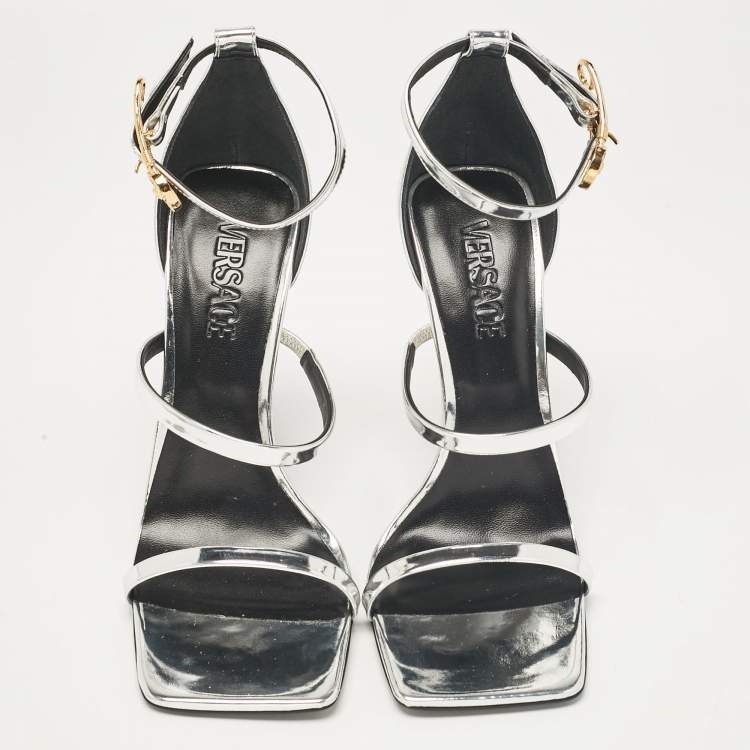Pre Owned Versace Silver Leather Safety Pin Ankle Strap Sandals Size 39