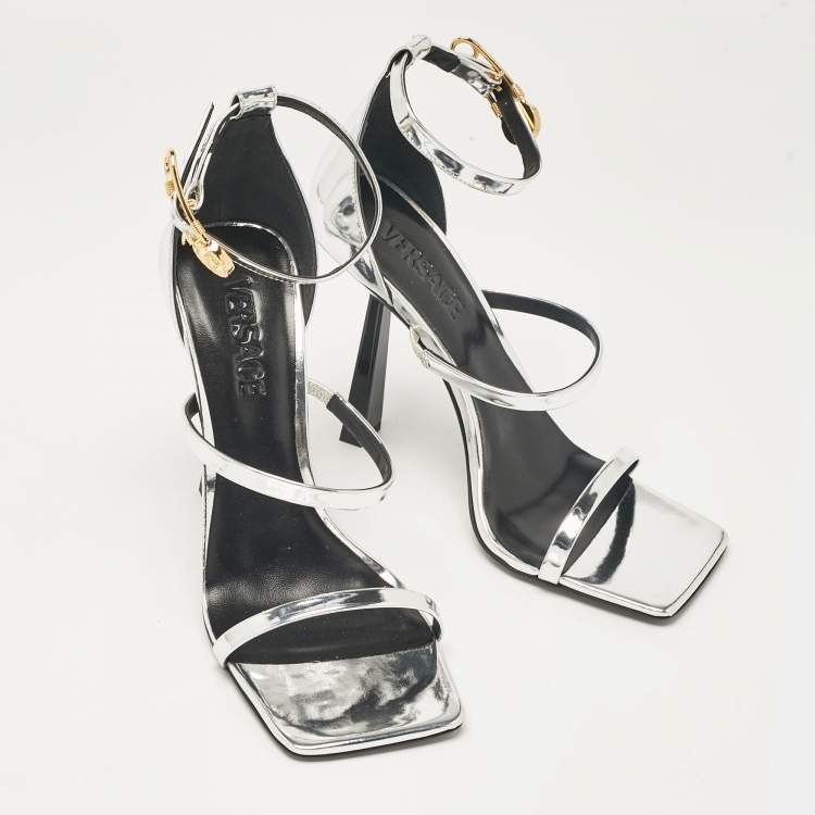 Pre Owned Versace Silver Leather Safety Pin Ankle Strap Sandals Size 39