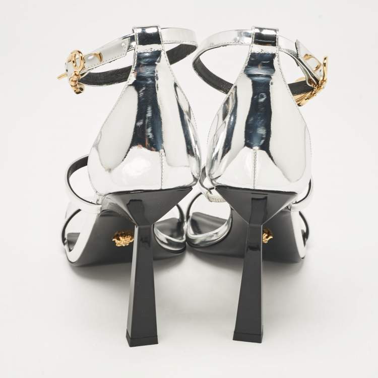 Pre Owned Versace Silver Leather Safety Pin Ankle Strap Sandals Size 39